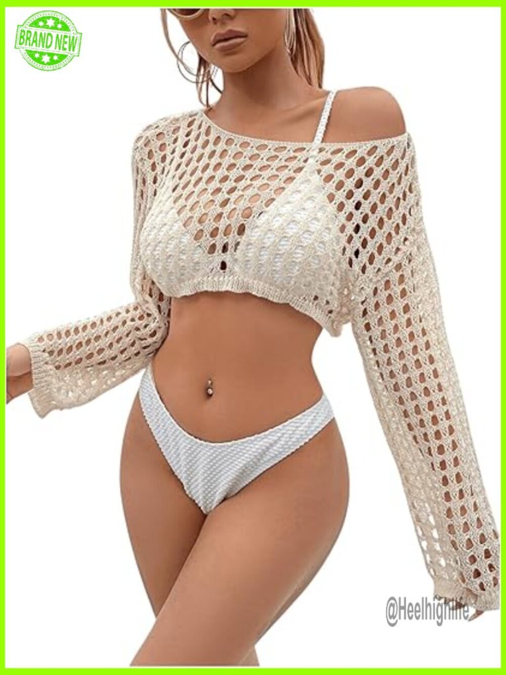 Crochet Hollow Out Drop Shoulder Sweater Top Long Sleeve Sheer Coverup